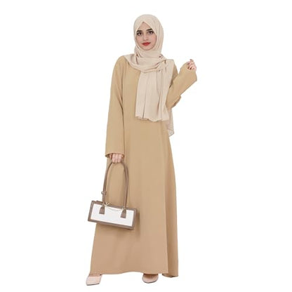 Women Abaya Muslim Dress Long Sleeve Modest Prayer Maxi Kaftan Islamic Clothes with Pockets - color: Beige, size: Large