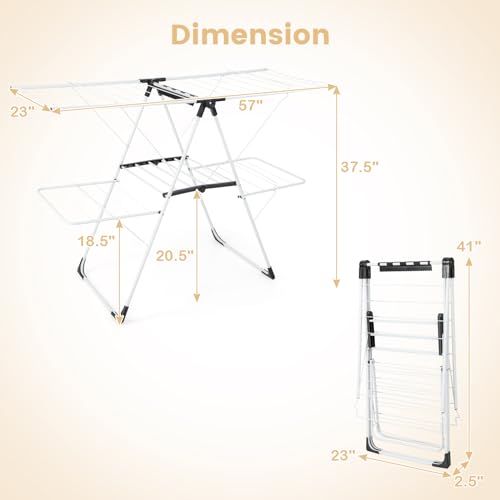 GOFLAME Clothes Drying Rack, 2-Tier Folding Laundry Drying Rack with Height-Adjustable Wings, 33 Drying Rails, Middle Sock Clips, Side Wave-shaped Bars, Freestanding Laundry Hanger, No Assembly Needed - size: 57" x 23" x 37.5"