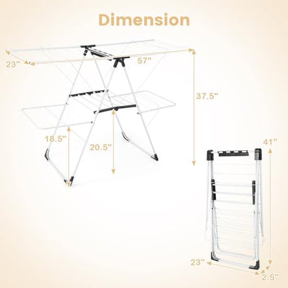 GOFLAME Clothes Drying Rack, 2-Tier Folding Laundry Drying Rack with Height-Adjustable Wings, 33 Drying Rails, Middle Sock Clips, Side Wave-shaped Bars, Freestanding Laundry Hanger, No Assembly Needed - size: 57" x 23" x 37.5"