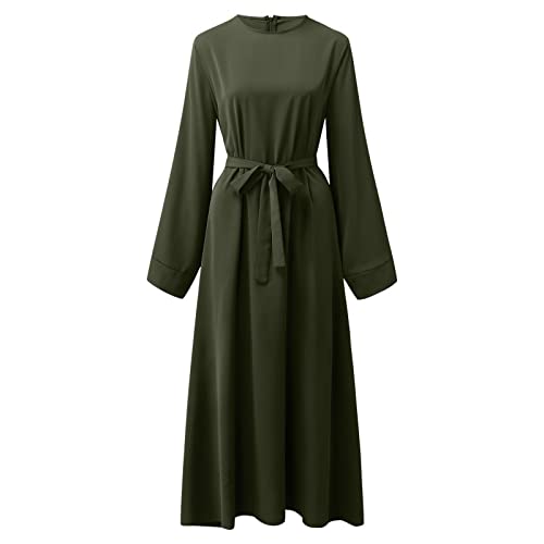 Casual Maxi Dresses for Women Long Sleeve Spring Pleated Flowy A Line Prayer Dress Muslim Dresses with Belt - color: Green, size: Medium