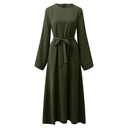 Casual Maxi Dresses for Women Long Sleeve Spring Pleated Flowy A Line Prayer Dress Muslim Dresses with Belt - color: Green, size: XX-Large