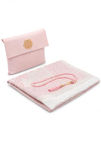 ihvan online Muslim Prayer Rug with 99 Beads Tasbih & Travel Bag, Soft Taffeta Sajadah, Lightweight & Foldable Janamaz, Portable Prayer Mat, Islamic Gift for Eid, Ramadan, Hajj & Umrah, Dusty Pink - color: Dusty Pink