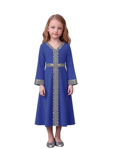 OBEEII Girls Muslim Abaya Ramadan Long Bell Sleeve V Neck Sequins Church Prayer Dress with Belt Islamic Eid Robe Kaftan - color: Royal Blue-sequins, size: 8-9 Years