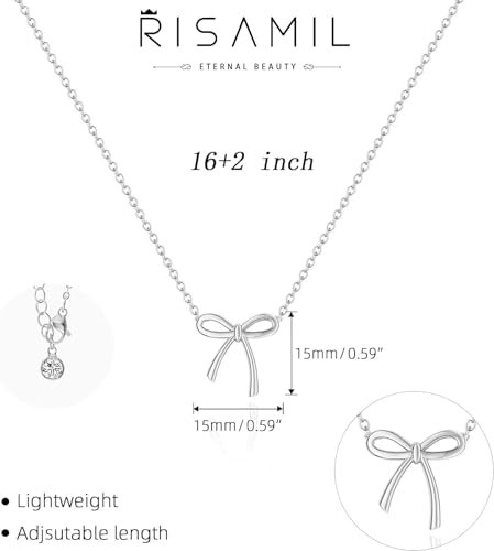 Risamil 여성용 골드 목걸이 - 리본 목걸이 14K 앙증맞은 골드 목걸이 귀엽고 작은 나비 펜던트 초커 체인 목걸이 트렌디 목걸이 여성용 골드 주얼리 선물 - color: 실버