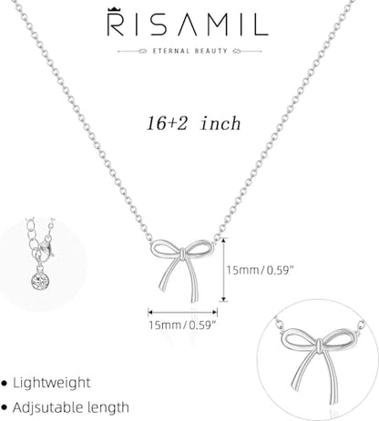 Risamil 여성용 골드 목걸이 - 리본 목걸이 14K 앙증맞은 골드 목걸이 귀엽고 작은 나비 펜던트 초커 체인 목걸이 트렌디 목걸이 여성용 골드 주얼리 선물 - color: 실버