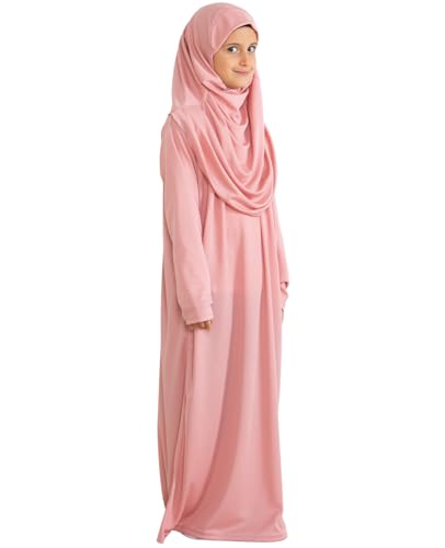 Prien Kids Prayer Dress Muslim Clothes for Girls Long Sleeve Abaya with Hijab Two Piece Maxi Islamic Set Scarf Kaftan Jilbab - color: Powder Pink