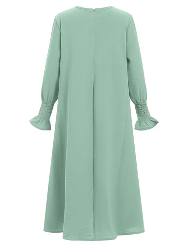 IDOPIP Muslim Dress for Girls Islamic Prayer Abaya Smocked Long Sleeve Kaftan Robe Dresses with Hijab Ramadan Dubai Outfits - color: Green, size: 3-4 Years