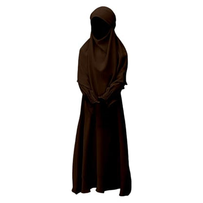 Muslim Clothes for Toddler Girls Long Sleeve Abaya with Hijab Two Piece Kids Prayer Dress Maxi Islamic Scarf Kaftan - color: Brown, size: 7-8 Years