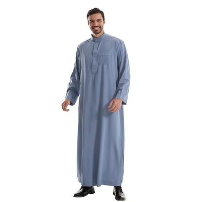 IWEMEK Muslim Thobe for Men Kaftan Thobe with Pockets Middle East Saudi Arabic Robe Ramadan Caftan Dubai Islamic Abaya Dress - color: Blue, size: 3X-Large