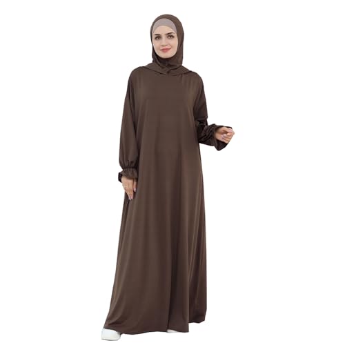 Muslim Hoodie Abaya Islamic Prayer Jilbab Maxi Robe with Inner Cap | Two-layer Cap, Prayer Abaya, Large Style - color: Dark Coffee