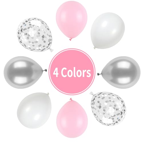 Pink and Silver Balloons, Pastel Pink White Balloon Metallic Silver White Macaron Balloon Party Confetti Balloons for Girls Kids Birthday Bride Wedding Baby Shower Graduation - color: Pink and Silver