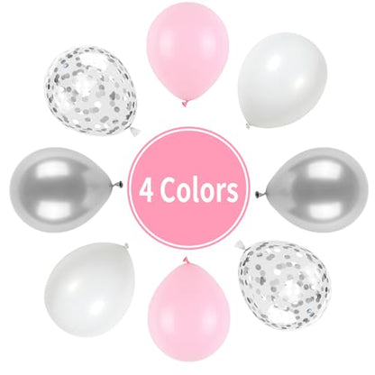 Pink and Silver Balloons, Pastel Pink White Balloon Metallic Silver White Macaron Balloon Party Confetti Balloons for Girls Kids Birthday Bride Wedding Baby Shower Graduation - color: Pink and Silver