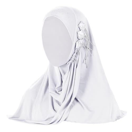 Women Soft One Piece Hijab Long Muslim Turban Islamic Full Head Scarf - color: 3 Flowers/White