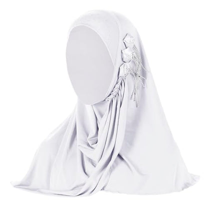 Women Soft One Piece Hijab Long Muslim Turban Islamic Full Head Scarf - color: 3 Flowers/White
