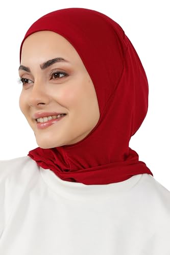 Aisha's Design Full Coverage%95 Cotton Bonnet for Women, Ready-to-Wear Hijab Bonnet Headscarf with Neck Coverage - color: Dark Red