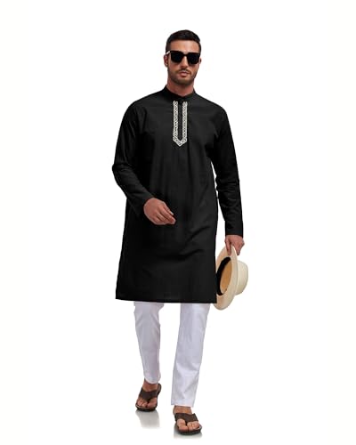 Jacansi Men's Cotton Linen Kaftan Thobe, Button Henley Long Sleeve Muslim Dress Robe - color: Black, size: 3X-Small