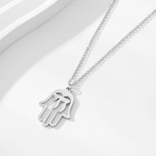 Stainless Steel Jewish Jewelry - Star of David/Hamsa Hand/Menorah/Israel Map Pendant – Israel Necklace for Women & Men - Religious Gifts for Hanukkah, Bar Mitzvah include a Gift Box - color: Silver-Hamsa Necklace