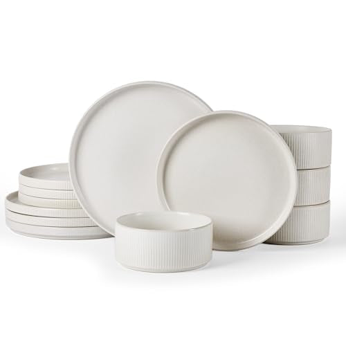 Famiware Star Stoneware Dinnerware Set, Reactive Glaze Plates & Bowls for 4 - color: Matte White