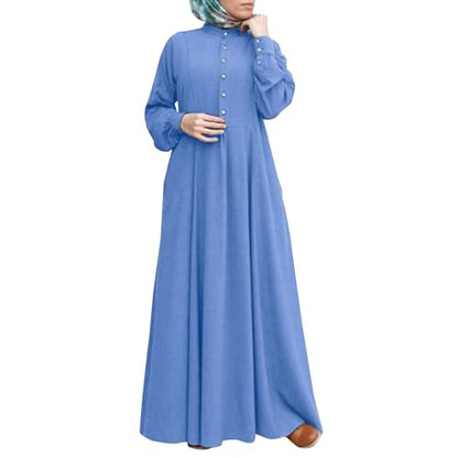 Dress for Women Muslim Long Sleeve Button Down Dress Shirt Prayer Casual Clothes Summer Fashion Outfits - color: Blue, size: Medium