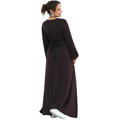 Muslim Women Abaya Dress Breathable Front Zipper&Pockets&Belt Prayer Robe - color: Dark Coffee, size: Small