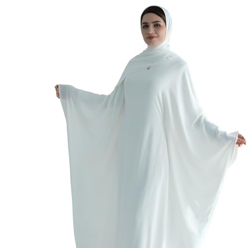 Abaya Muslim Women Dress Batwing Sleeve Loose Maxi Modest Islamic Clothes Prayer Dress with Hijab Scarf - color: White
