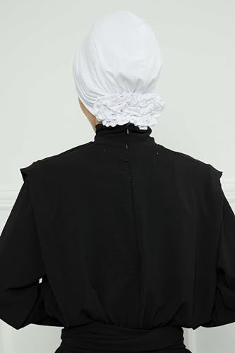Aisha's Design Instant Turban Head Wraps for Women, Combed Cotton Scarf Lightweight Pre tied Hijab with Back Rose Detail - color: White