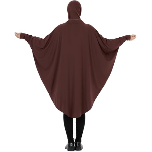 Muslim Abaya Dress for Women Highly Stretchy Batwing Hooded Prayer Hijab - color: Coffee, size: Large