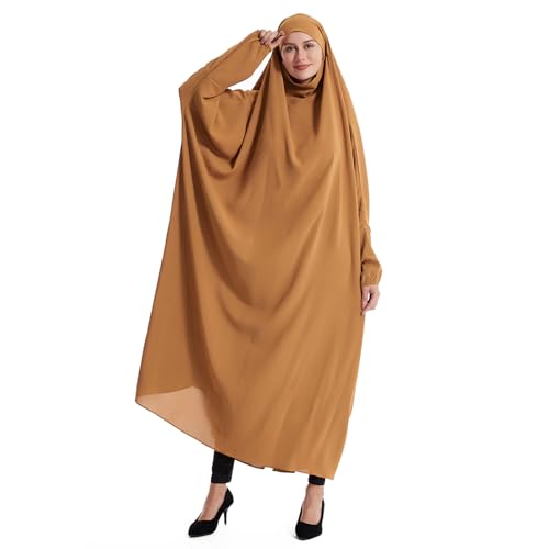Lmdudan Muslim Women Islamic Full Cover Prayer Dress Long Sleeve Loose Abaya Hijab Outfit 2026 Ramadan Modest Prayer Clothes - color: Khaki, size: Medium