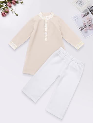 IWEMEK 2PCS Baby 1st Ramadan Outfit Muslim Clothes for Baby Boys Thobe Eid Robe Pants Set Toddler Kaftan Islamic Prayer Abaya - color: Apricot + White, size: 6-12 Months