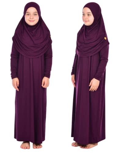 Prien Kids Prayer Dress Muslim Clothes for Girls Long Sleeve Abaya with Hijab Two Piece Maxi Islamic Set Scarf Kaftan Jilbab - color: Purple
