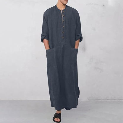 Linen Kaftan Thobe for Men Big and Tall Muslim Robe Long Sleeve Button Down Henley Neck Side Split Caftan with Pocket - color: Gray, size: Large