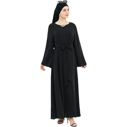 khalat Muslim Abaya Dress Women Solid Color Modest Prayer Robe Islamic Dubai Long Sleeve Lightweight Maxi Dress - color: Black, size: Medium