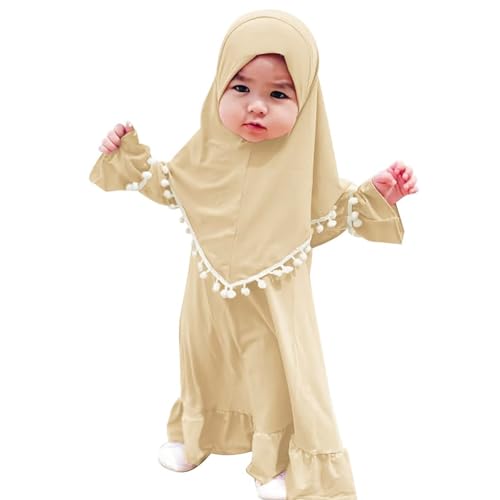 Newborn Girls Prayer Dress Cute Muslim Clothes for Toddler Baby Kids Long Sleeve Abaya with Hijab Two Piece Set - color: Khaki, size: 6-12 Months