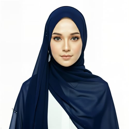 Women's Magnetic Hijab with Stitched Undercap - No Pin Chiffon Prayer Scarf - color: Dark Blue