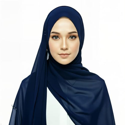 Women's Magnetic Hijab with Stitched Undercap - No Pin Chiffon Prayer Scarf - color: Dark Blue