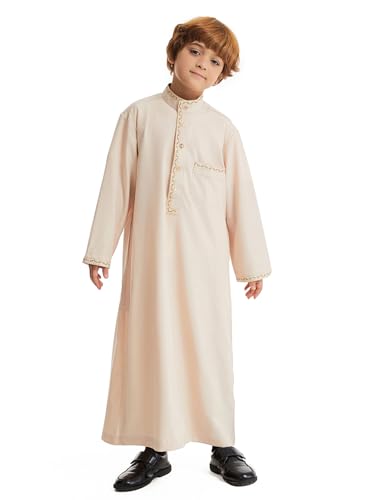 Qianliniuinc Boy's Islamic Dress Round Collar - Youth Long Sleeve Muslim Thobe Arabic Robe Embroidery Clothes with Pockets - color: Beige a, size: 130CM