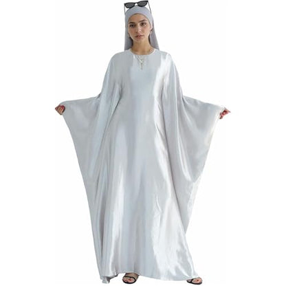 Muslim Dress Women Abaya Elegant Satin Prayer Dress Batwing Long Sleeve with Hijab Arab Islamic Dubai Ramadan Robe - color: Light Gray