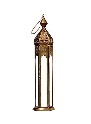 Serene Spaces Living Antique Golden Bronze Metal Lantern, Clear Glass Paneled Tealight Holder, Vintage Decorative Lantern for Dining Table, Wedding, Holiday, Event, Measures 3" Diameter * 13" Tall - size: Pack of 1