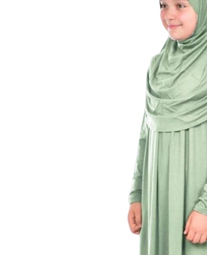 Prien Kids Prayer Dress Muslim Clothes for Girls Long Sleeve Abaya with Hijab Two Piece Maxi Islamic Set Scarf Kaftan Jilbab - color: Mint