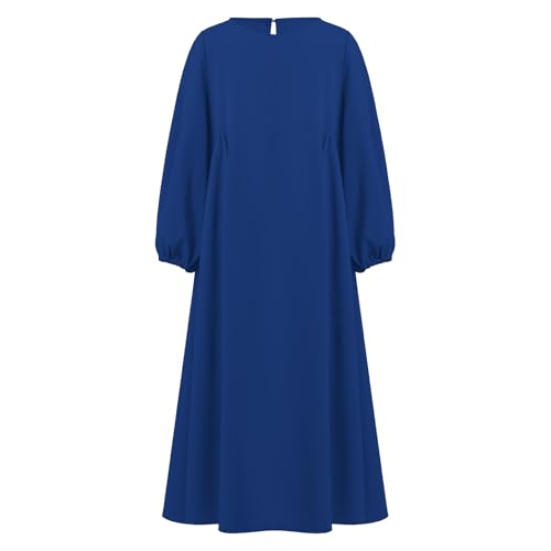 Kids Girls Muslim Abaya Long Lantern Sleeve Robe Maxi Dress Dubai Islamic Pleated Prayer Dress Full Cover Kaftan Casual - color: Royal Blue (Hijab), size: 4-5T