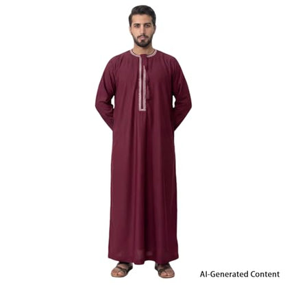 Kaftan for Men Muslim Gown Islamic Thobe Shirts Ramadan Abaya Dubai Arab Robe Long Sleeve Middle Eastern Kaftan - color: Wine Red, size: X-Large