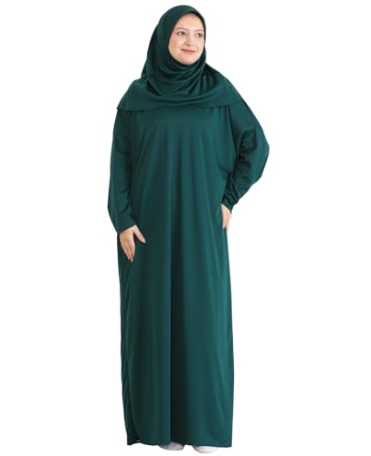 Women Prayer Clothes with Hijab Muslim Outfits Long Robe Abaya Turkish Islamic Dresses Dubai Kaftan with Rosary - color: Emerald