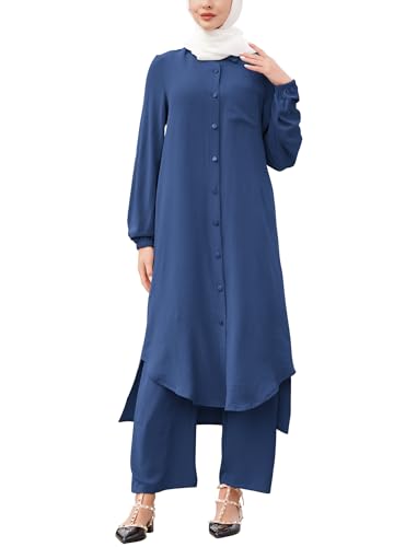 ODIZLI Women's Muslim 2 Pieces Sets Long Sleeve Button Down Shirt and Pants Abaya Casual Dress Dubai Outfits - color: Navy Blue, size: Small