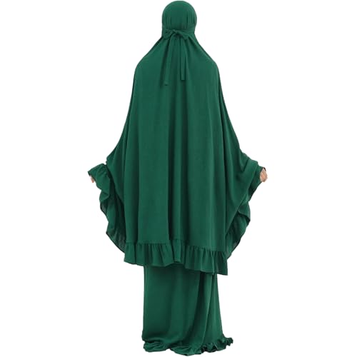 2PCS Abayas for Women Muslim Dress Ruffled Hem Modest Prayer Robe Full Coverage Modest Jilbab Set - color: Dark Green, size: Medium