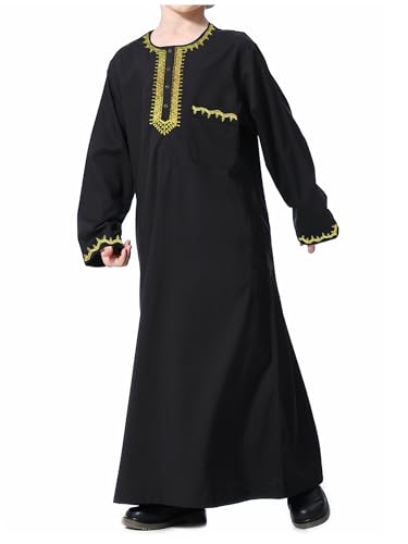 WSPLYSPJY Embroidered Muslim Thobe for Boys Solid Color Islamic Kaftans Button Down Gown with Pocket - size: 9-10 Years