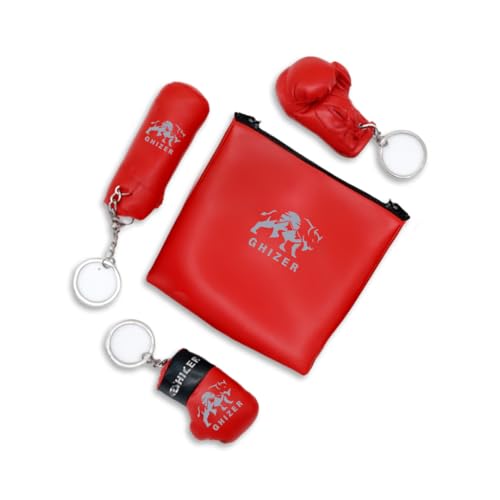Mini Boxing Glove & Punching Bag Keychain Set – PU Leather Keyring Sports Lovers Gift & Gifts For Men (3 pcs) - color: Red