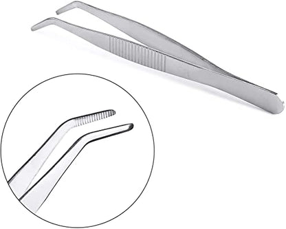 5 Inch Bent Tip Long Forceps Tweezers, Serrated Flat Tips Precision Curved Surgical Tongs Jewelers Needle Metal Sewing Sharp Kitchen Cooking Tweezers With Teeth Knurled Handles (1PCS-125mm) - color: Bent -1pcs-5inch