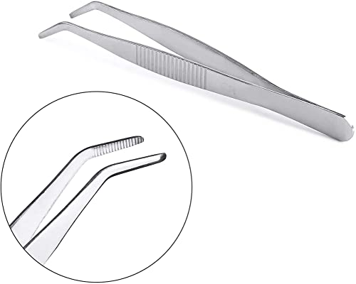 Long Forceps Tweezers, Serrated Bent Flat Tips Precision Curved Science Surgical Tongs Jewelers Needle Metal Sewing Sharp Small Kitchen Cooking Tweezers With Teeth Knurled Handles (1PCS) - color: Bent -1pcs-8inch