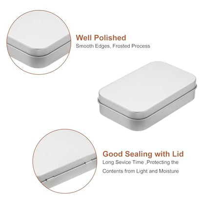 Metal Tin Box Containers, 2Pcs 3.7x2.4x0.9 Inch Silver Rectangular Metal Hinged Tin Box Mini Portable Storage Container Kit with Lid for Home Storage