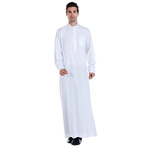 Men Arabic Long Sleeve Pure Color Thobe Crew Stand Collar Kaftan Robe with Button - color: White, size: Large